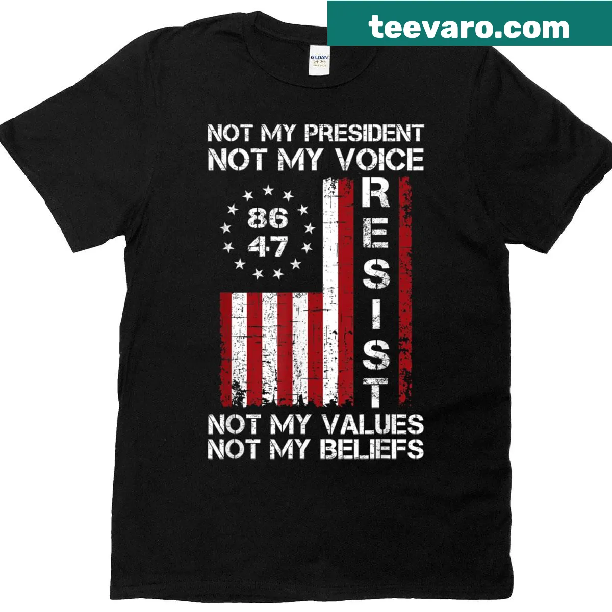 American flag design with 'Not My President' text on a T-shirt — on a men's t-shirt