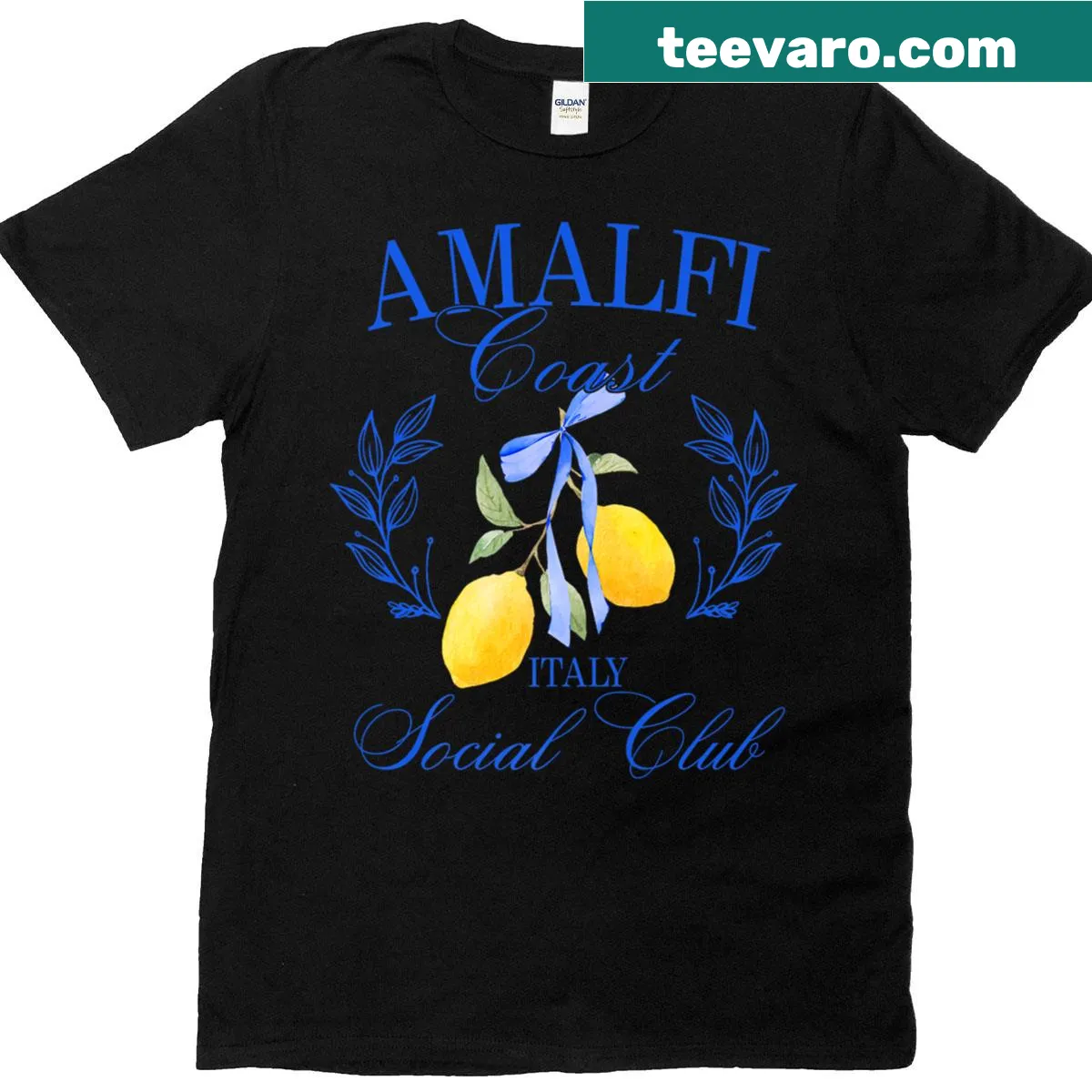 Vintage-style Amalfi Coast graphic on T-shirt with lemon and bow — on a men's t-shirt