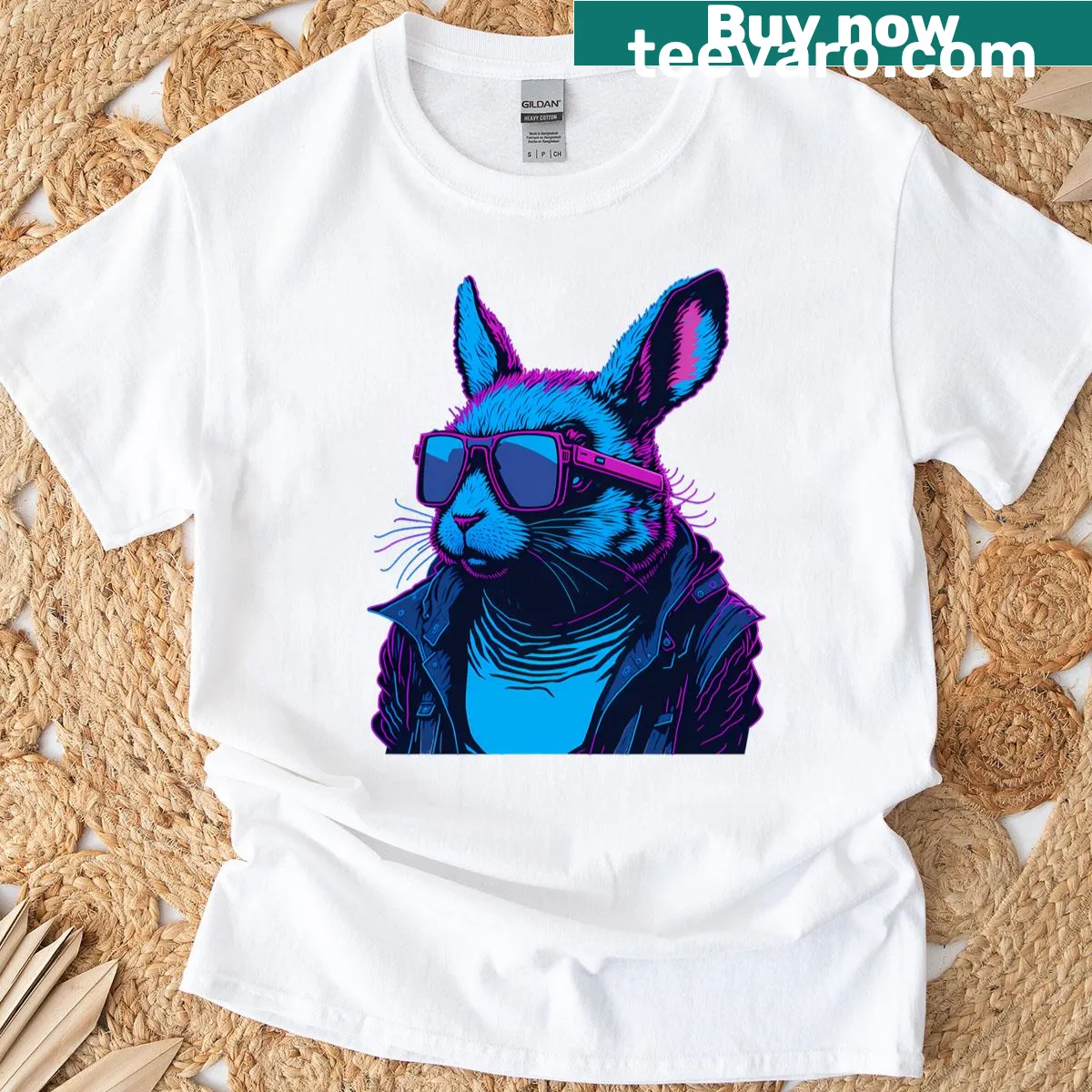 Retro bunny wearing sunglasses for a playful Easter t-shirt — on a men's t-shirt