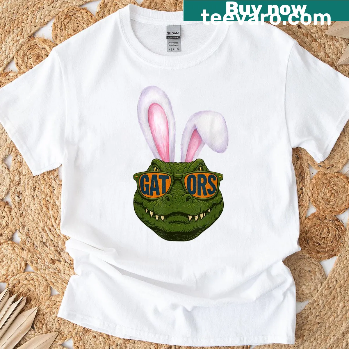 Vintage alligator graphic wearing sunglasses for Easter on T-shirt — on a men's t-shirt