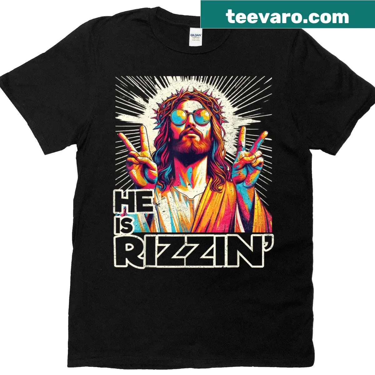 Funny vintage Easter shirt with 'He Is Rizzin' slogan — on a men's t-shirt