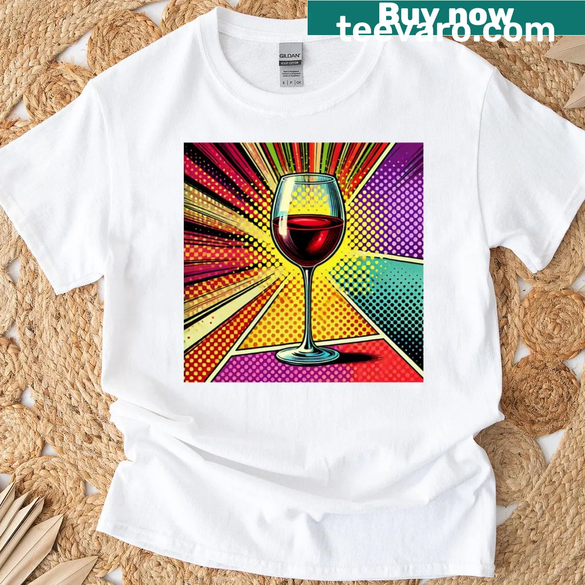Playful pop art t-shirt featuring a red wine graphic — on a men's t-shirt