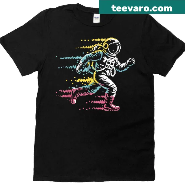 Whimsical retro T-shirt with a space-themed running graphic.