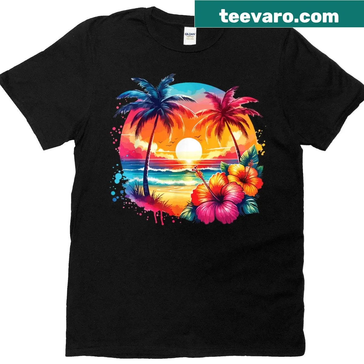 Vintage T-shirt featuring palm trees and a tropical sunset design. — on a men's t-shirt