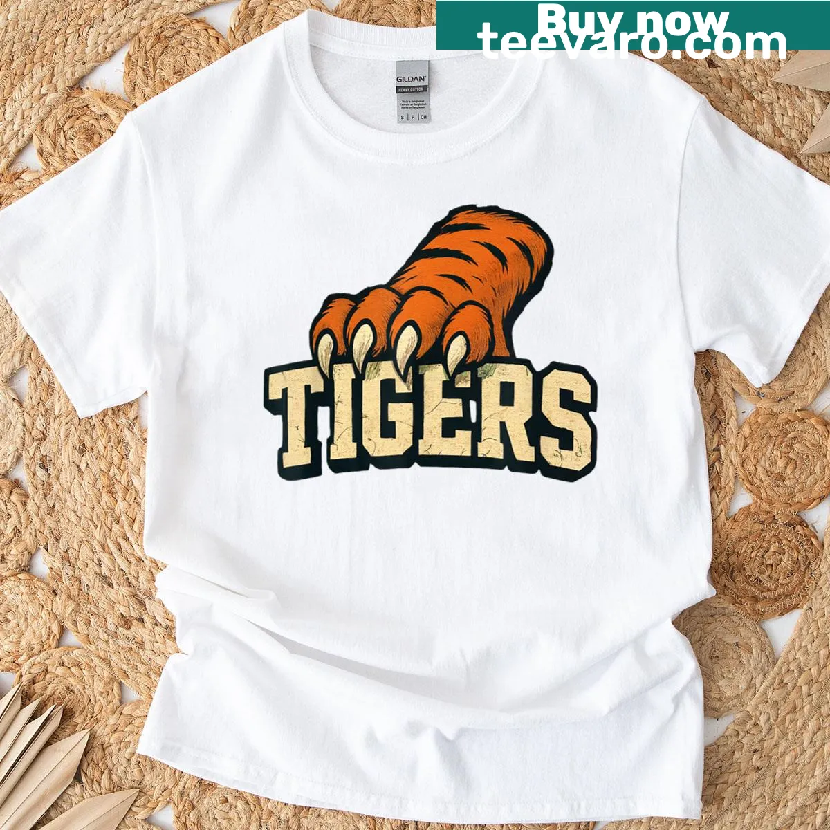 Customizable tiger graphic with last name styles on a retro t-shirt — on a men's t-shirt