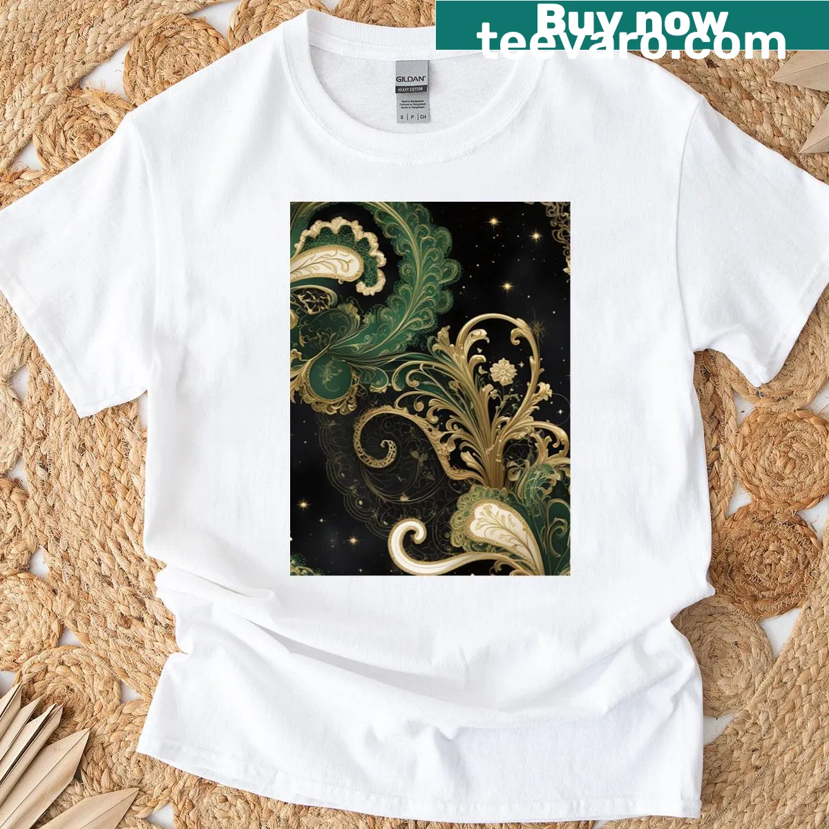 Gold ornamental embellished artwork on an edgy t-shirt — on a men's t-shirt