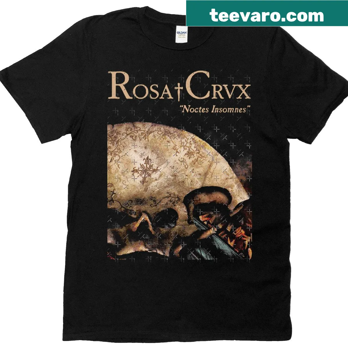 Goth-inspired tee with Rosa Crux graphic for darkwave fans — on a men's t-shirt