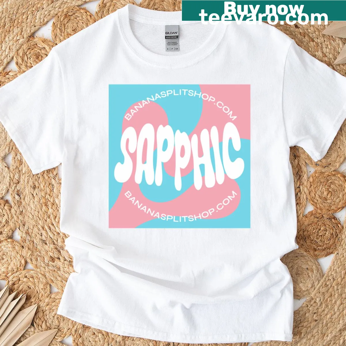Sapphic Pride T-shirt in blue and pink trans colors — on a men's t-shirt