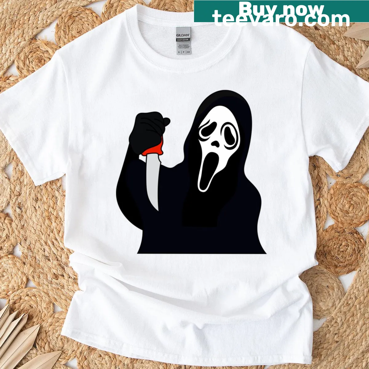 Graphic t-shirt featuring iconic Scream movie imagery — on a men's t-shirt