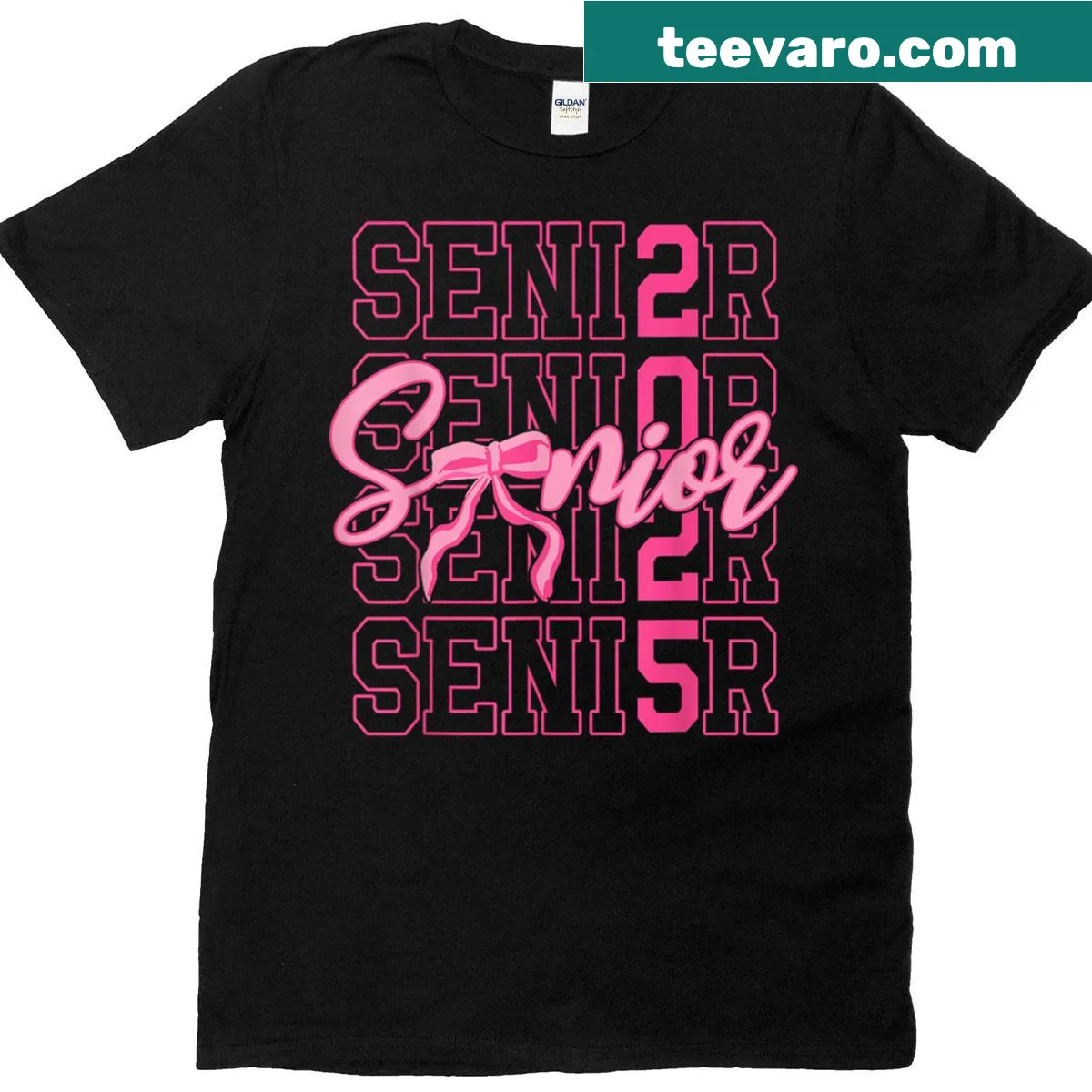 Hand-lettered Senior 2025 T-shirt with pink bow design. — on a men's t-shirt