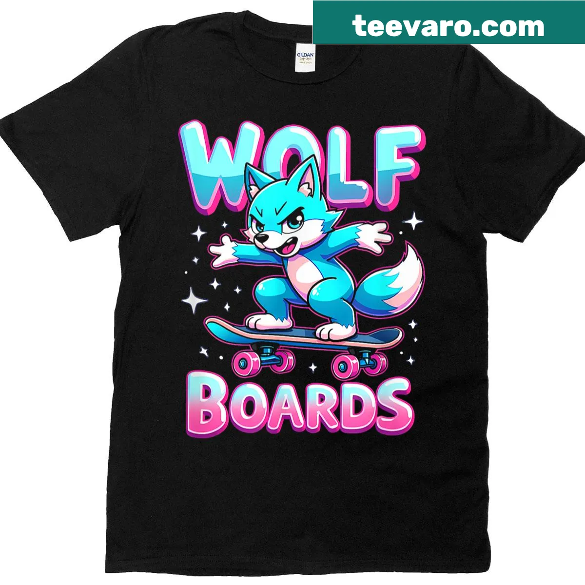 Cartoon skateboarding wolf graphic on a cool t-shirt — on a men's t-shirt