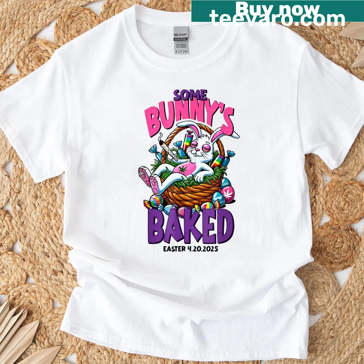 Funny Easter t-shirt with a cartoon bunny and weed theme — on a men's t-shirt