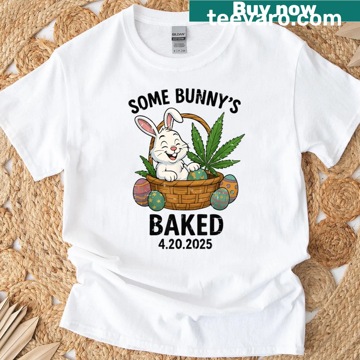 Happy Easter T-shirt with bunny smoking weed — on a men's t-shirt