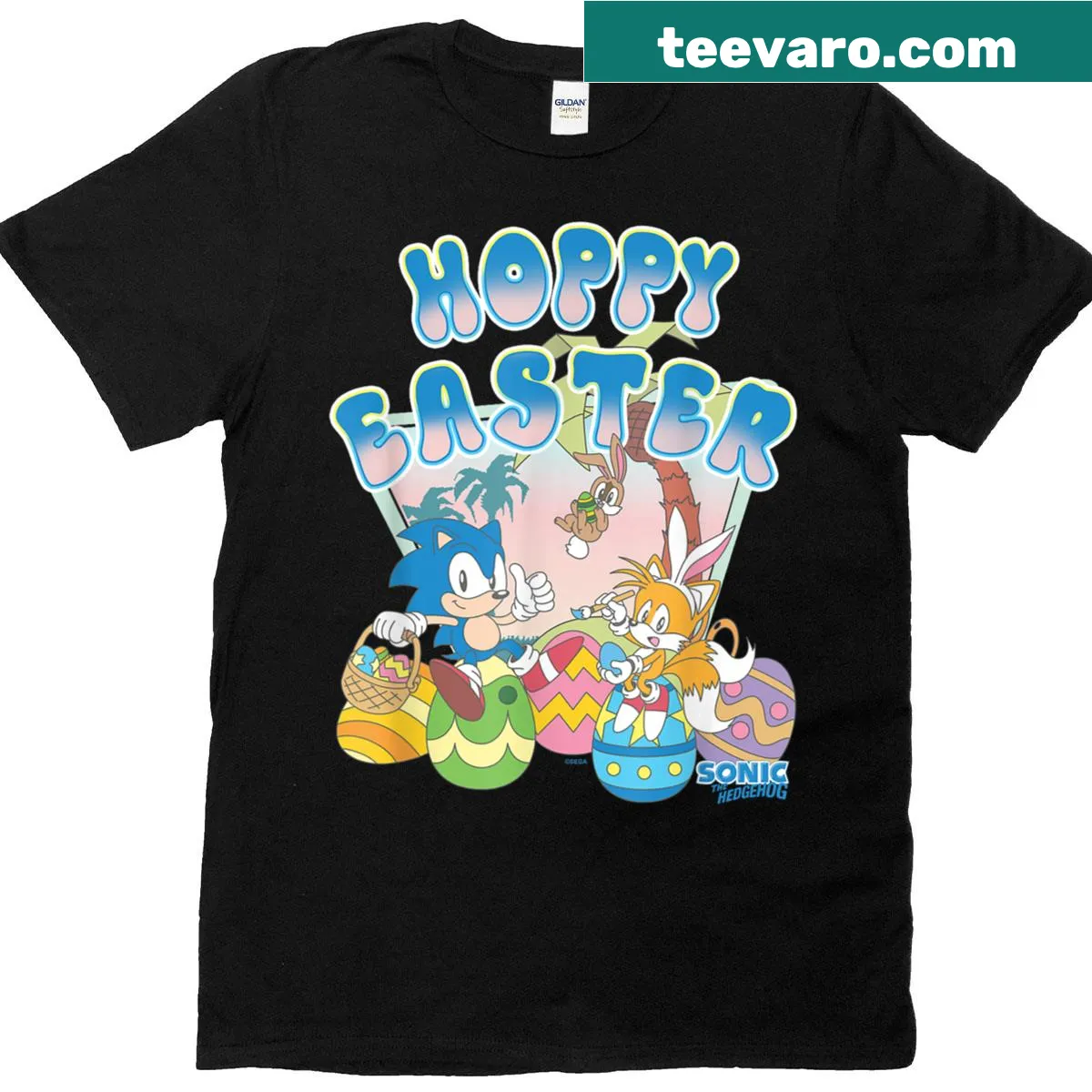Retro Sonic the Hedgehog Easter graphic t-shirt — on a men's t-shirt