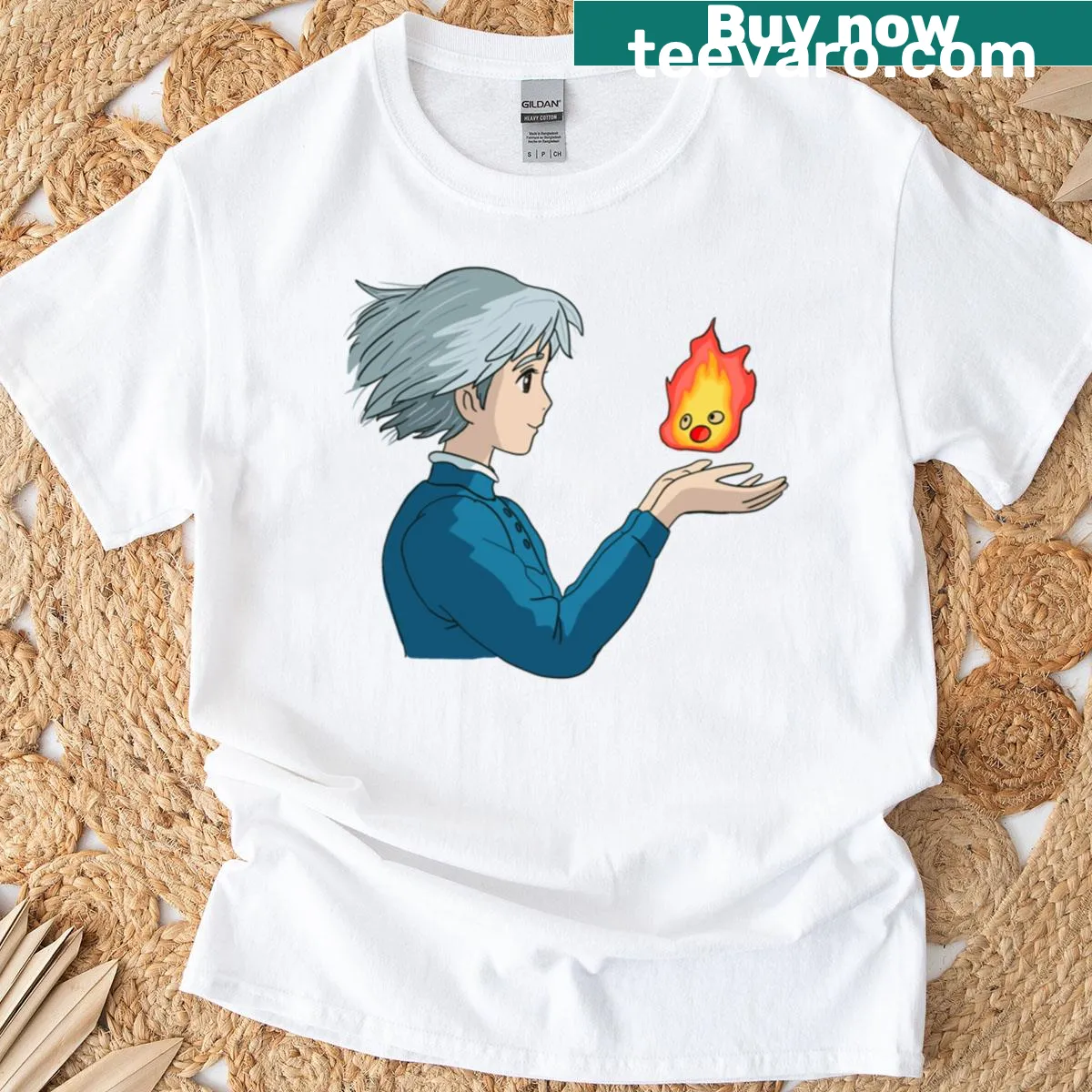 Ghibli fan art t-shirt featuring Sophie and Calcifer — on a men's t-shirt