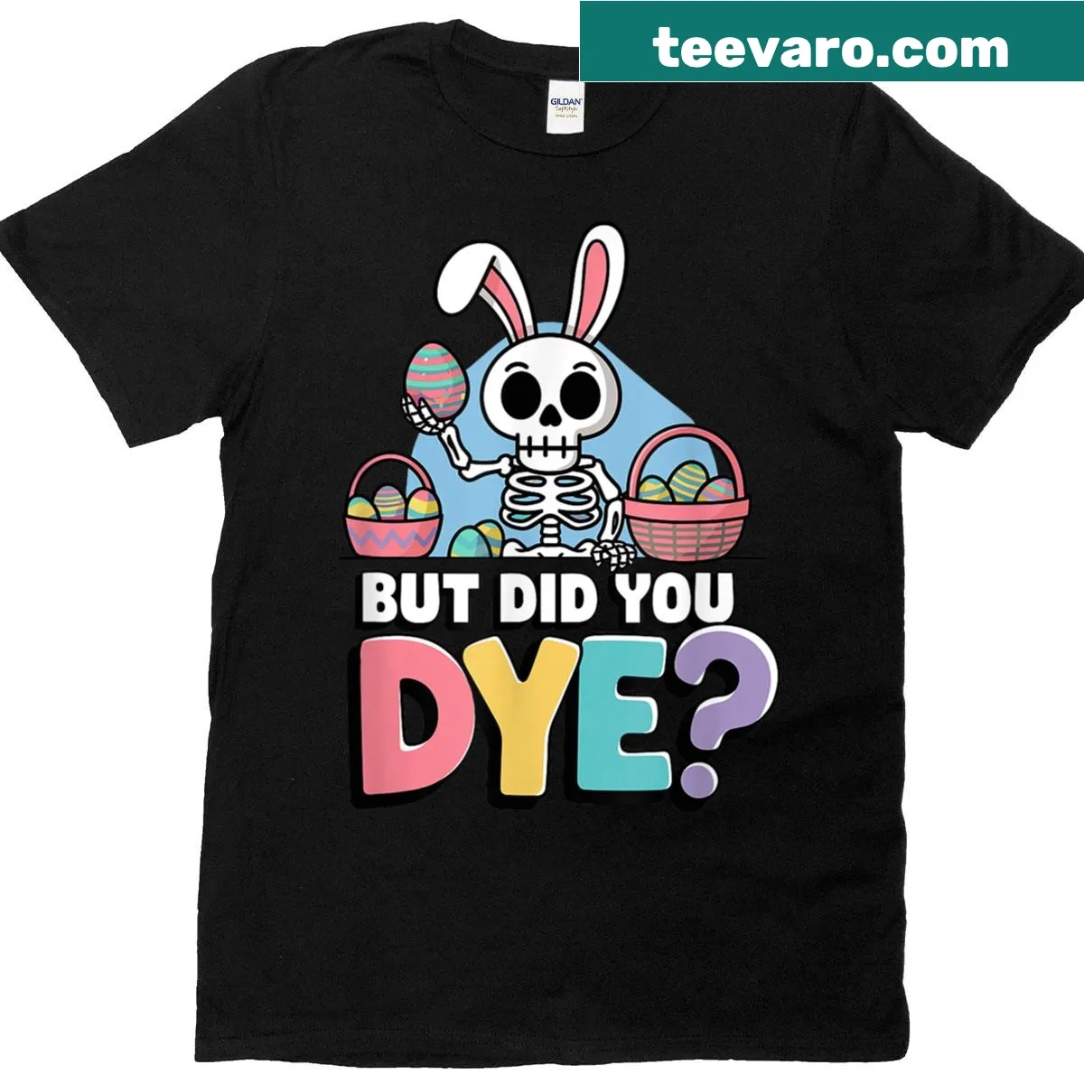 Spooky skeleton bunny with Easter eggs on a t-shirt — on a men's t-shirt
