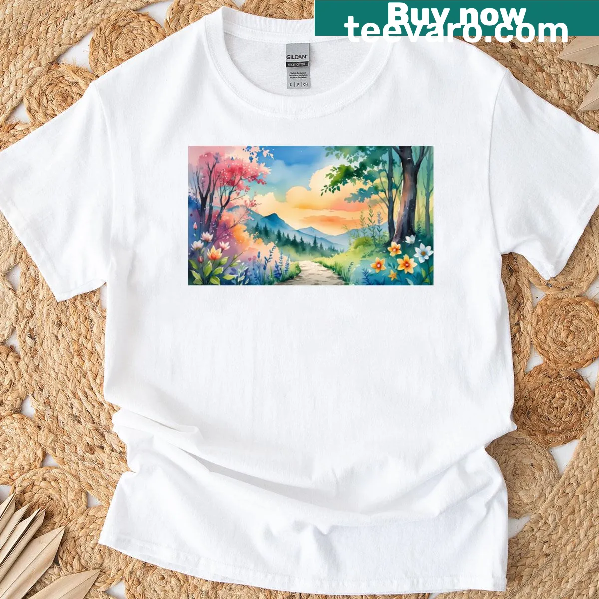 Nature-themed t-shirt depicting spring landscapes — on a men's t-shirt