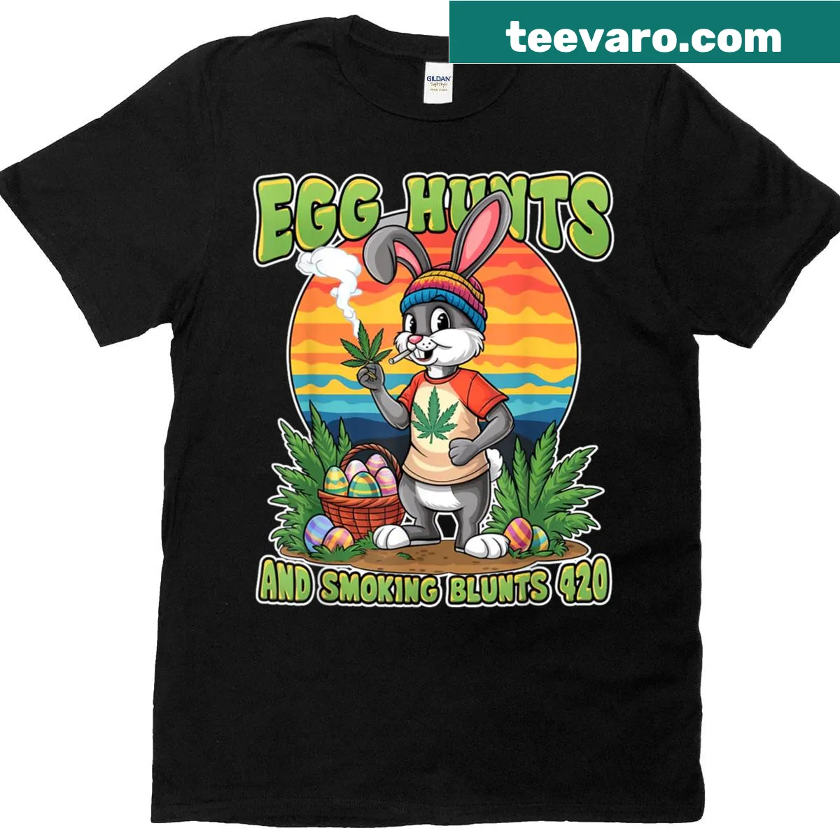 Cartoon Easter Bunny character holding a joint for a funny 420 celebration — on a men's t-shirt