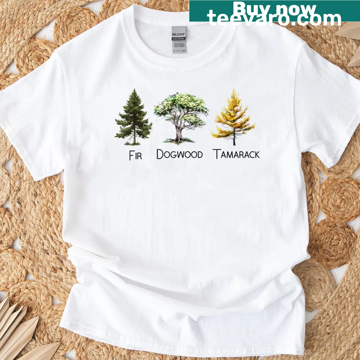 Illustrated t-shirt featuring various trees and political text — on a men's t-shirt