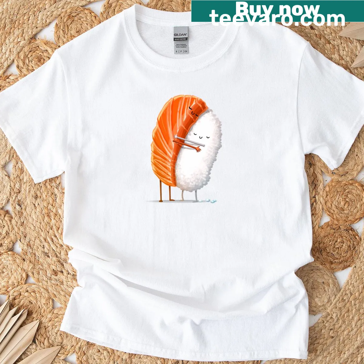 Cute cartoon graphic of sushi rolls hugging on a T-shirt — on a men's t-shirt