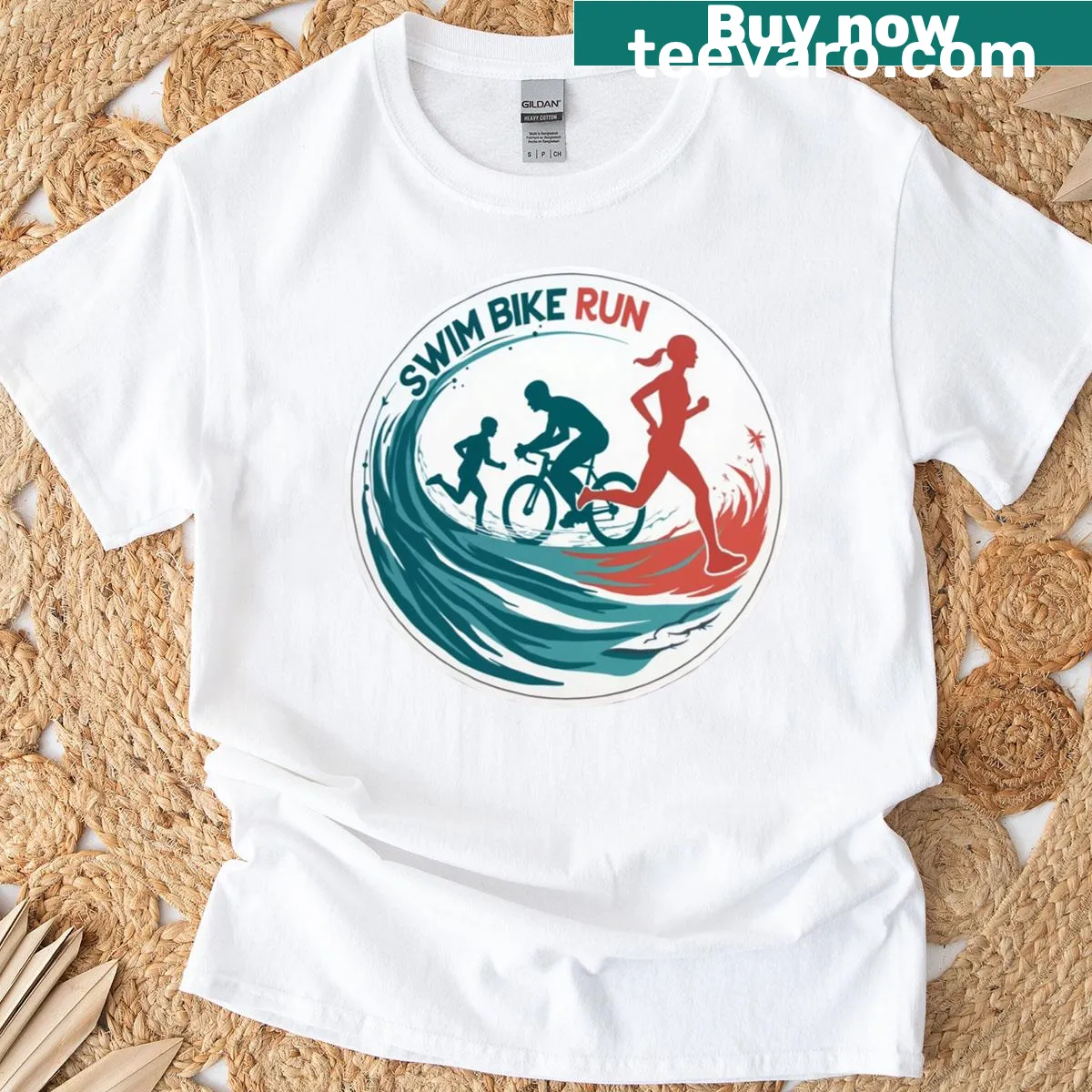 Bold typography t-shirt featuring swim, bike, run for triathlon enthusiasts. — on a men's t-shirt