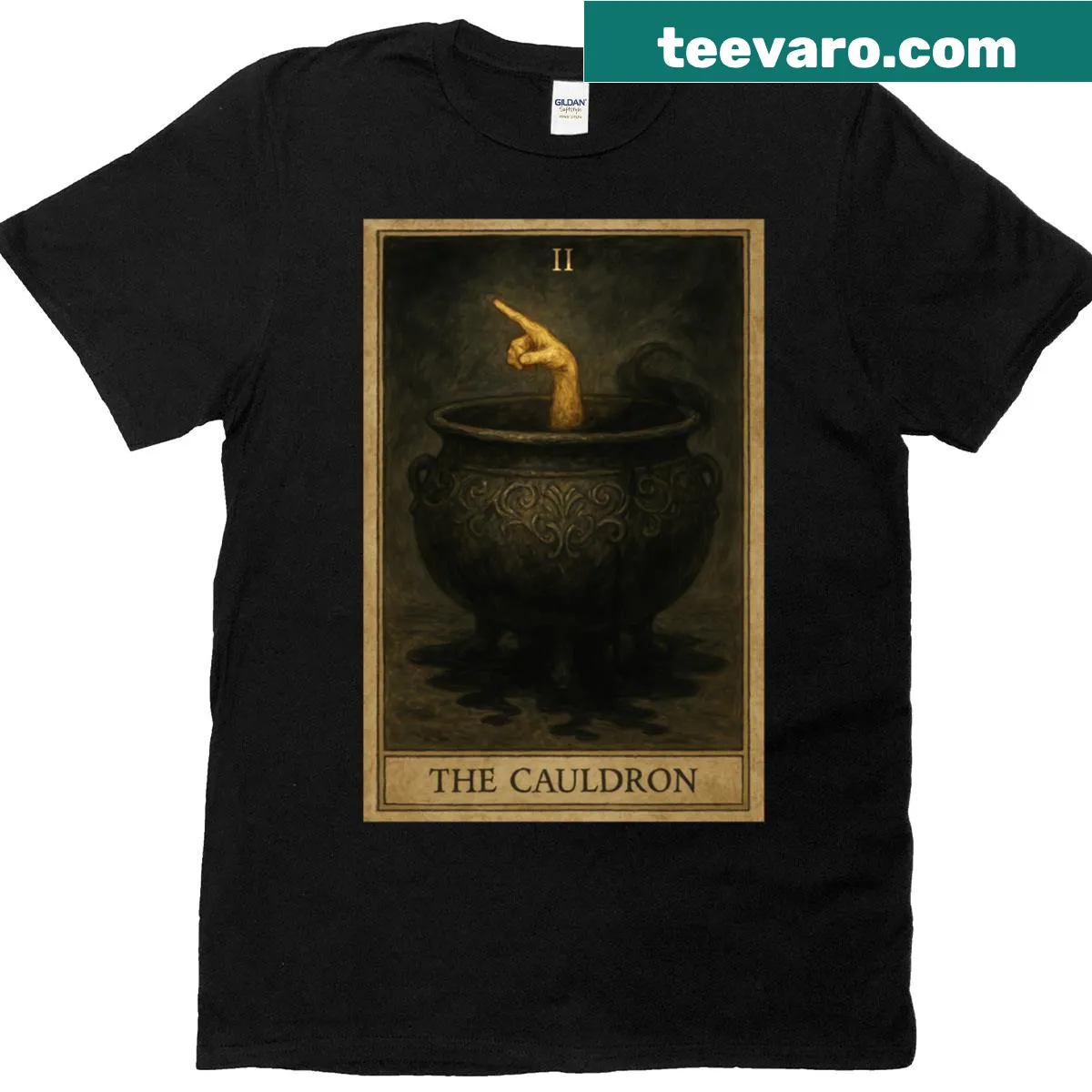 Intricate cauldron graphic inspired by tarot cards on a t-shirt — on a men's t-shirt