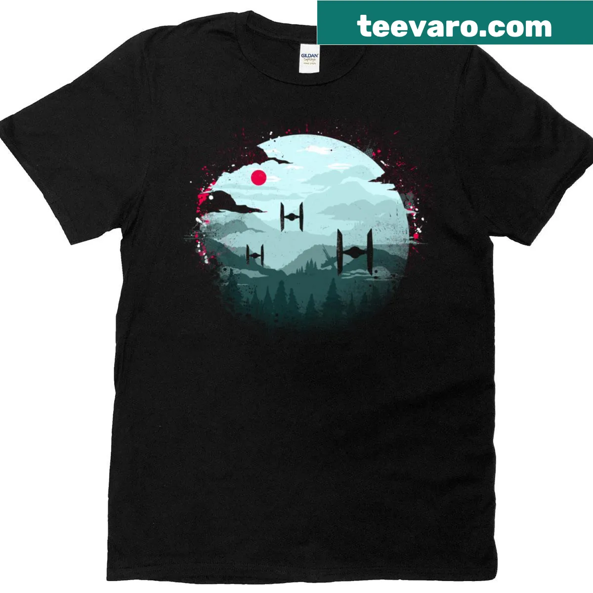 Sci-fi themed T-shirt with Tie Fighters illustration — on a men's t-shirt