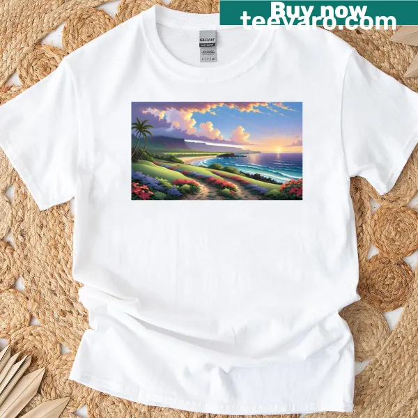 T-shirt with a tropical coast illustration, evoking beach vibes