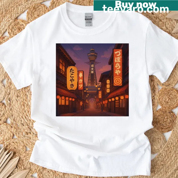 Vintage design of Tsutenkaku Tower on a T-shirt, evoking Osaka's charm