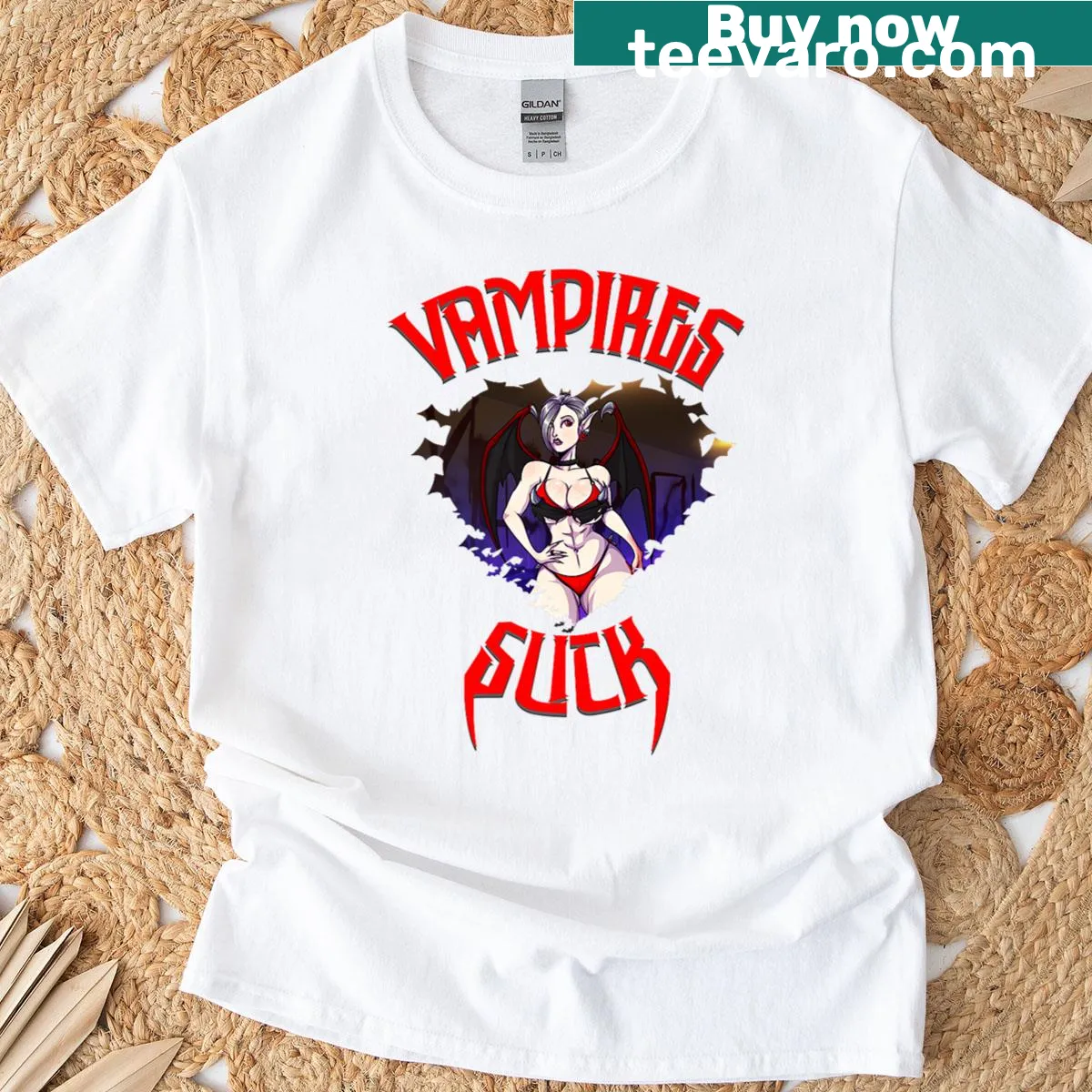 T-shirt with bold 'Vampires Suck' phrase in catchy typography — on a men's t-shirt