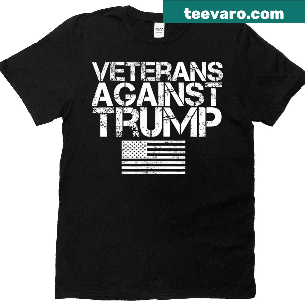 Vintage-style T-shirt with patriotic flag and protest text — on a men's t-shirt
