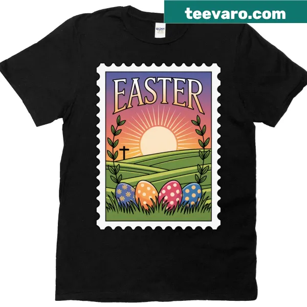 Vintage Easter T-shirt with sunrise and eggs graphic