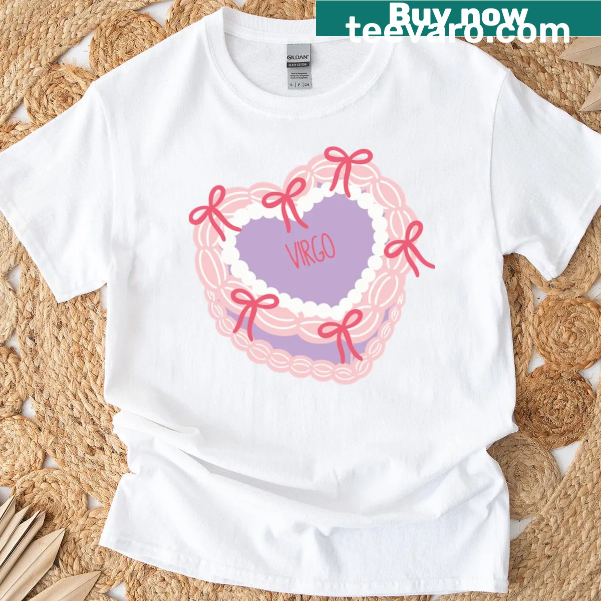 Retro heart cake graphic with bows and Virgo theme — on a men's t-shirt