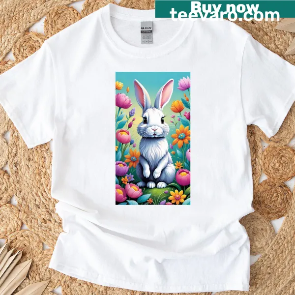 Charming T-shirt featuring a whimsical white rabbit illustration