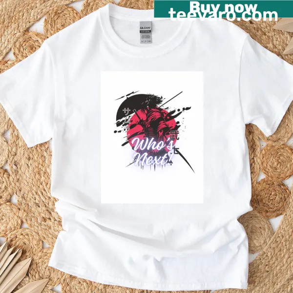 T-shirt with bold 'Who's Next?' text design