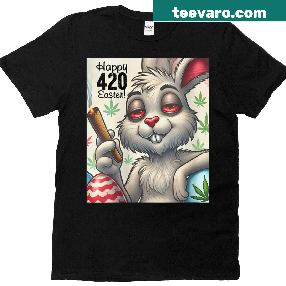 Funny cartoon bunny smoking weed for Easter — on a men's t-shirt