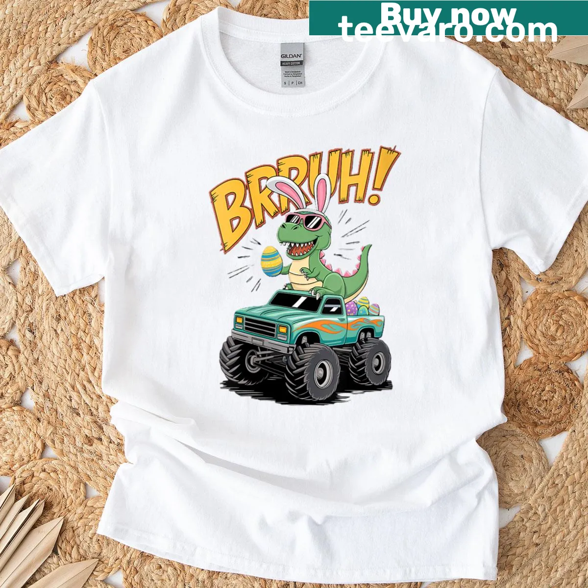Cartoon t-shirt with a dinosaur, Easter eggs, and a monster truck — on a men's t-shirt