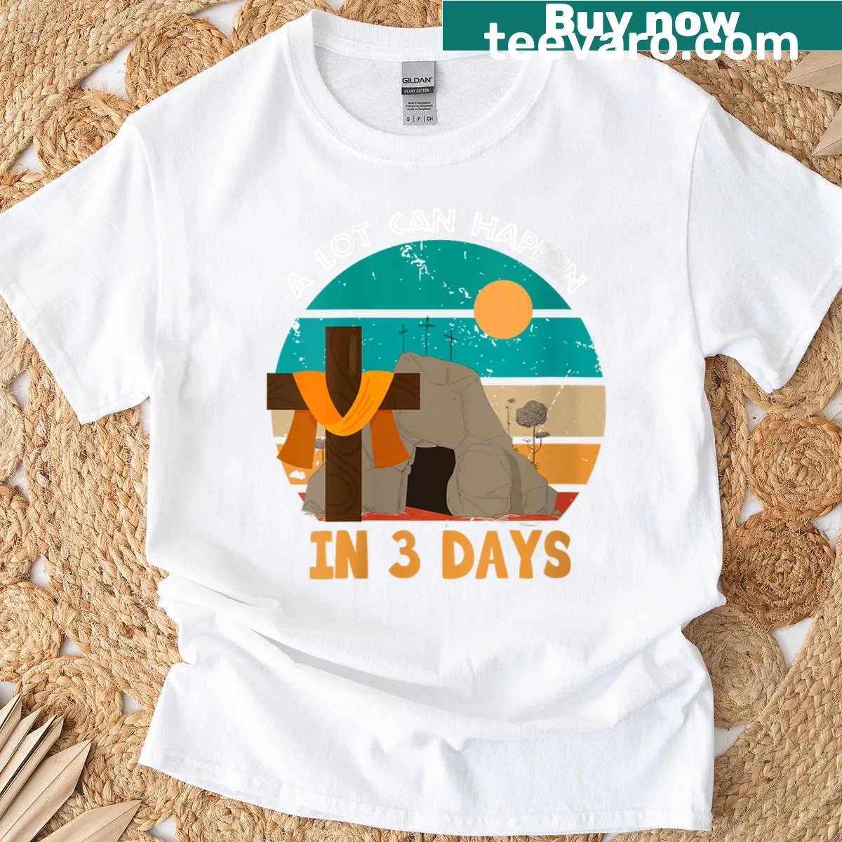 Easter religious t-shirt stating 'A Lot Can Happen In 3 Days' — on a men's t-shirt