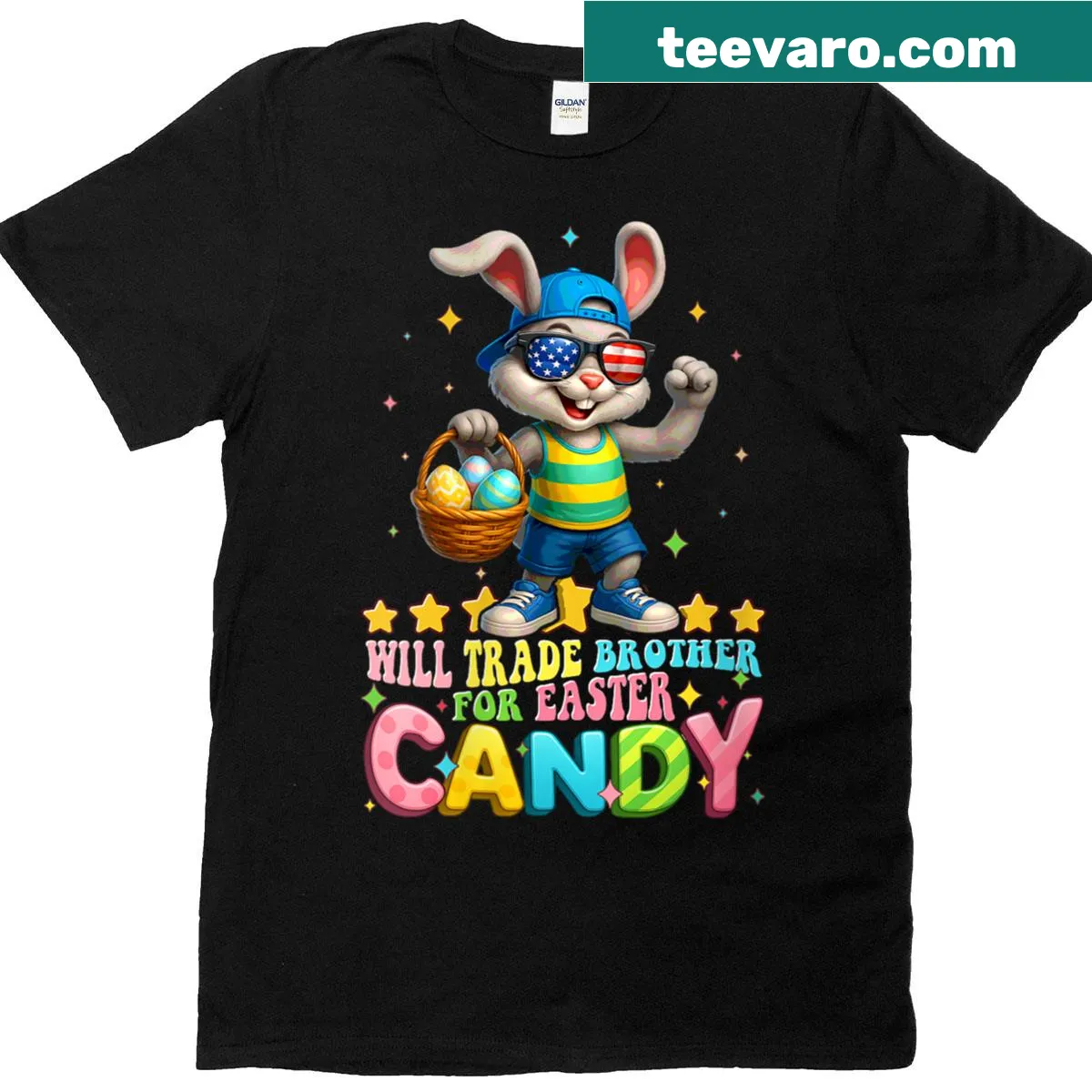 Funny Easter shirt with graphic text about trading brother for candy — on a men's t-shirt