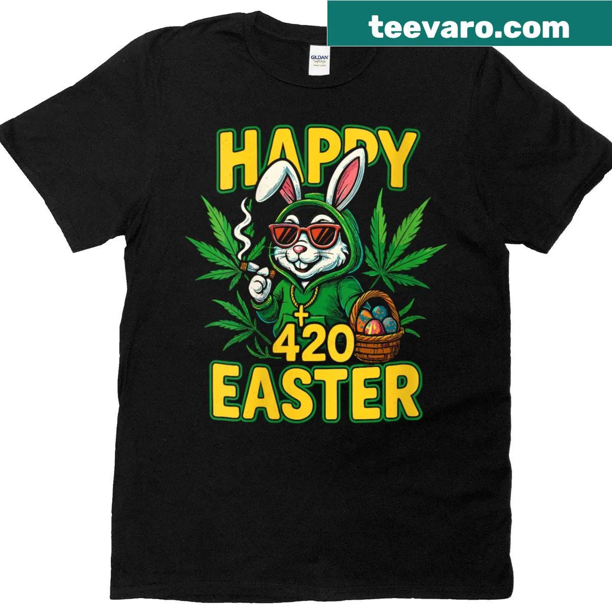 Funny Easter T-shirt featuring a rabbit and playful text about 420 day — on a men's t-shirt