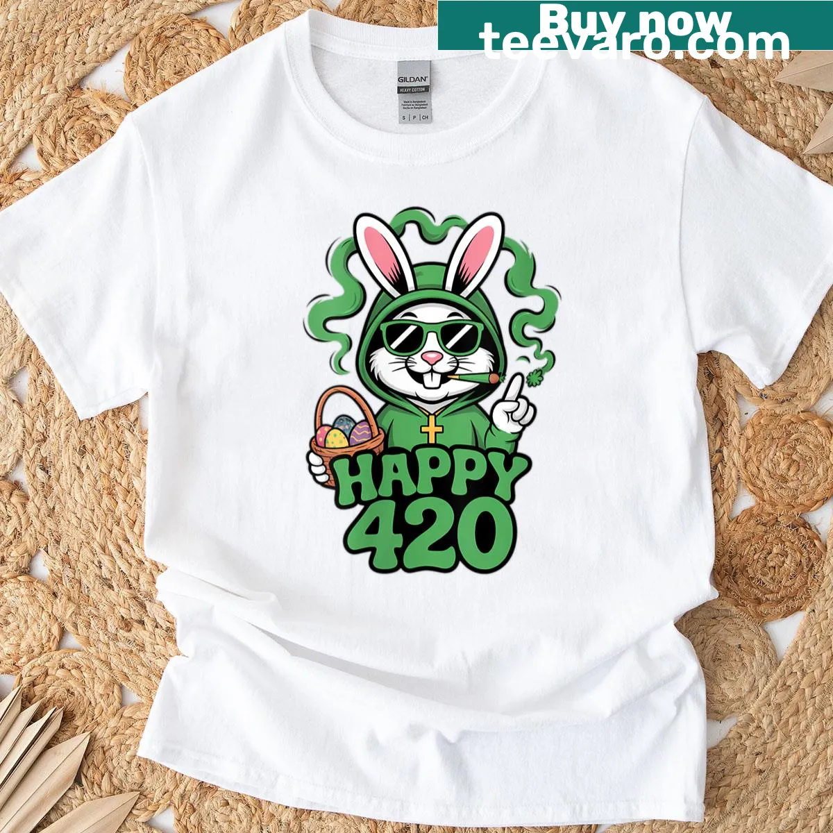 Funny t-shirt with 'Happy 420 Easter' and a smoking bunny graphic — on a men's t-shirt