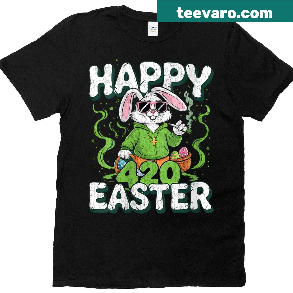 Playful bunny graphic on an Easter 420 Day t-shirt — on a men's t-shirt
