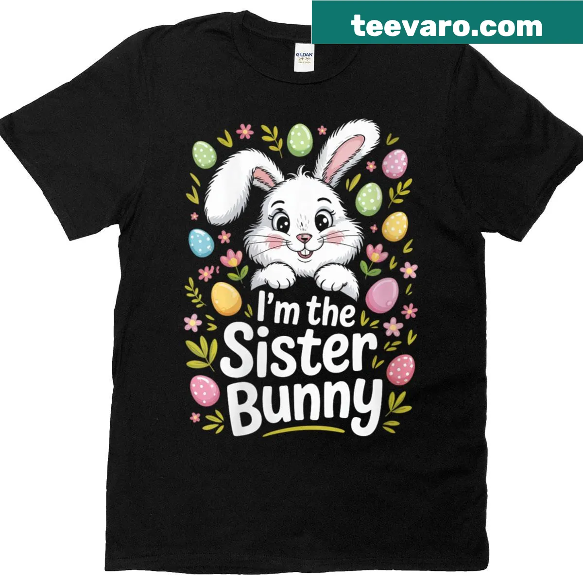 Cute Easter-themed t-shirt with Sister Bunny graphic — on a men's t-shirt