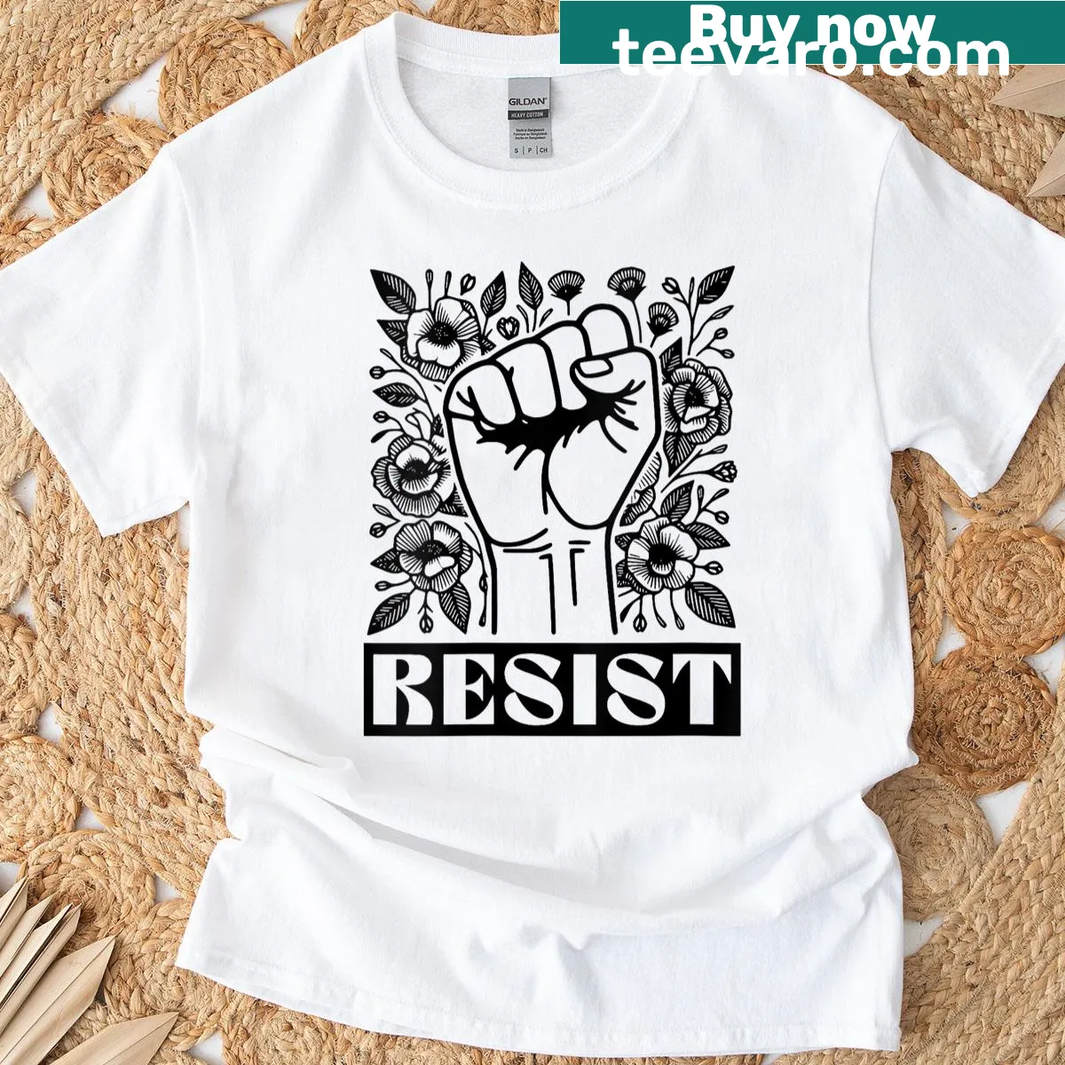 T-shirt with floral 'Resist' text design — on a men's t-shirt