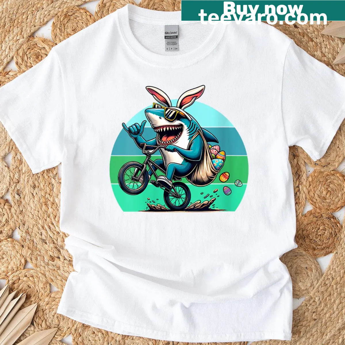 T-shirt with cartoon shark dressed as Easter Bunny on BMX bike — on a men's t-shirt