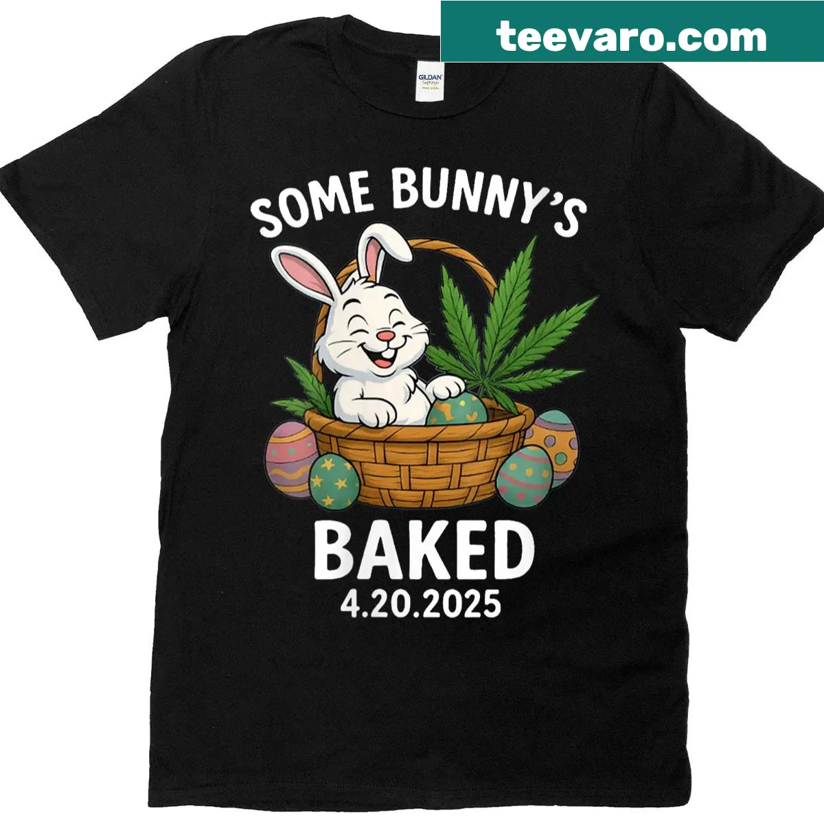 Funny Easter T-shirt with the phrase 'Some Bunnys Baked' and bunny graphics — on a men's t-shirt
