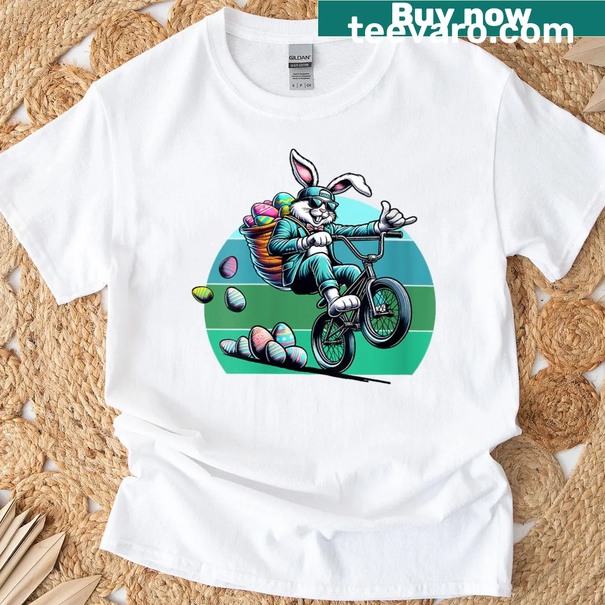 Vintage illustration of Easter Bunny on BMX bike — on a men's t-shirt