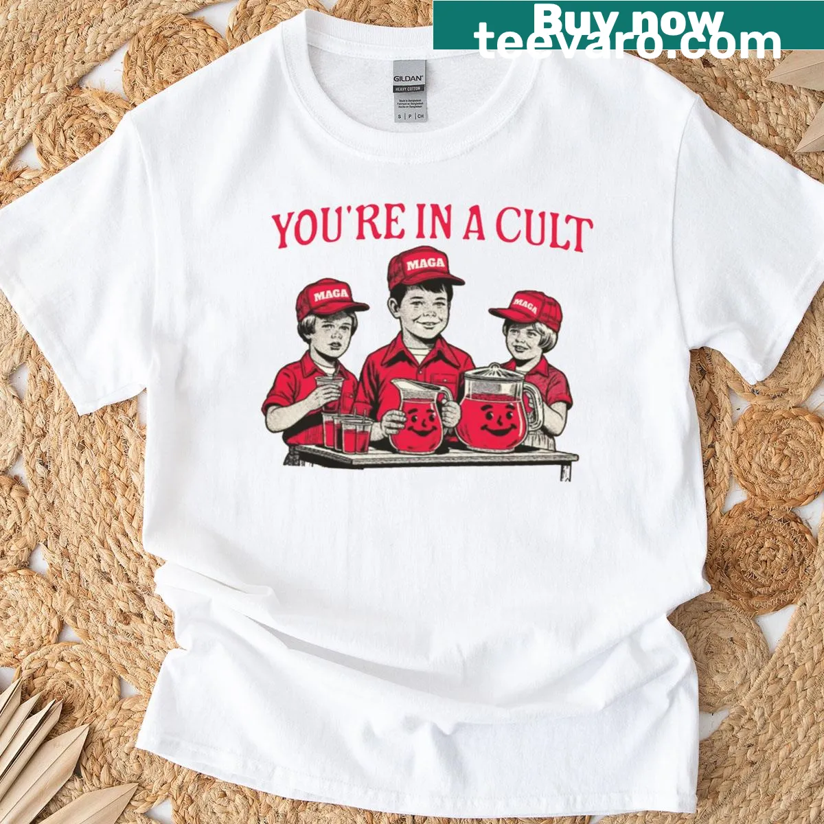 Bold typography t-shirt with the phrase 'You're In A Cult.' — on a men's t-shirt