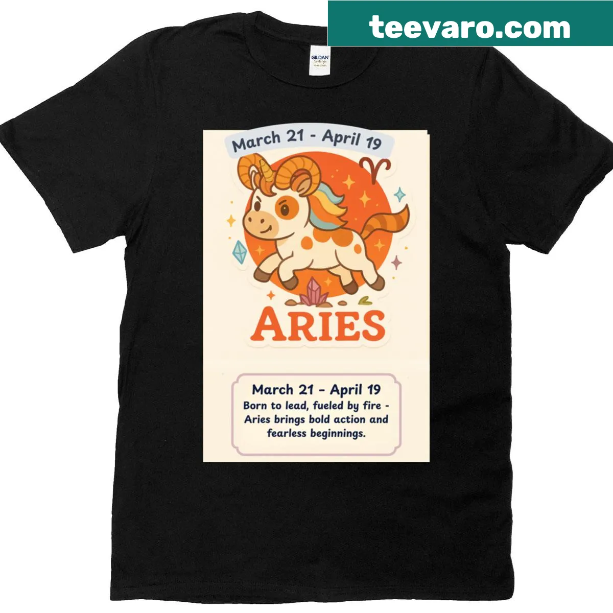 Unicorn illustration with text Aries March 21-April 19. — on a men's t-shirt