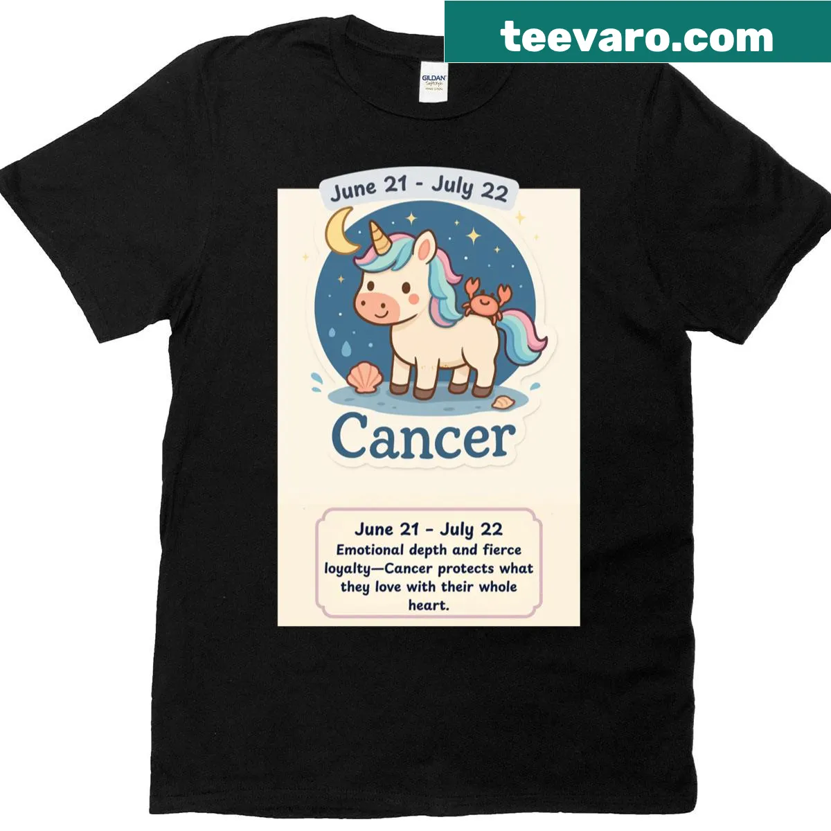 Illustrated Cancer zodiac unicorn t-shirt — on a men's t-shirt